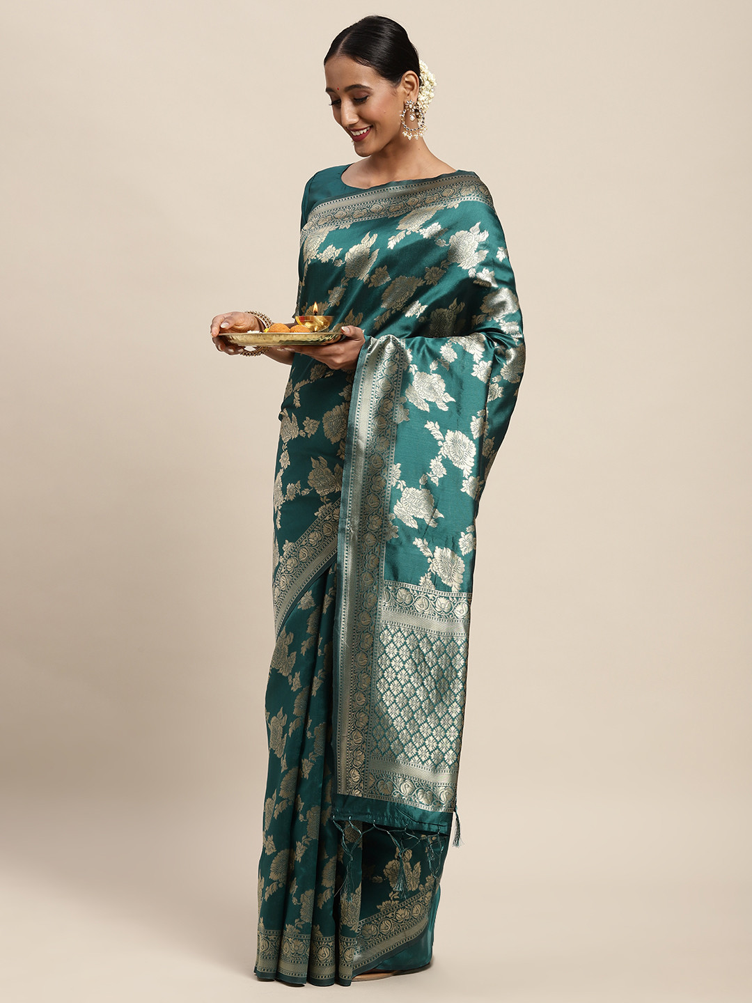 

Saree mall Teal Blue Ethnic Motifs Silk Blend Banarasi Sarees