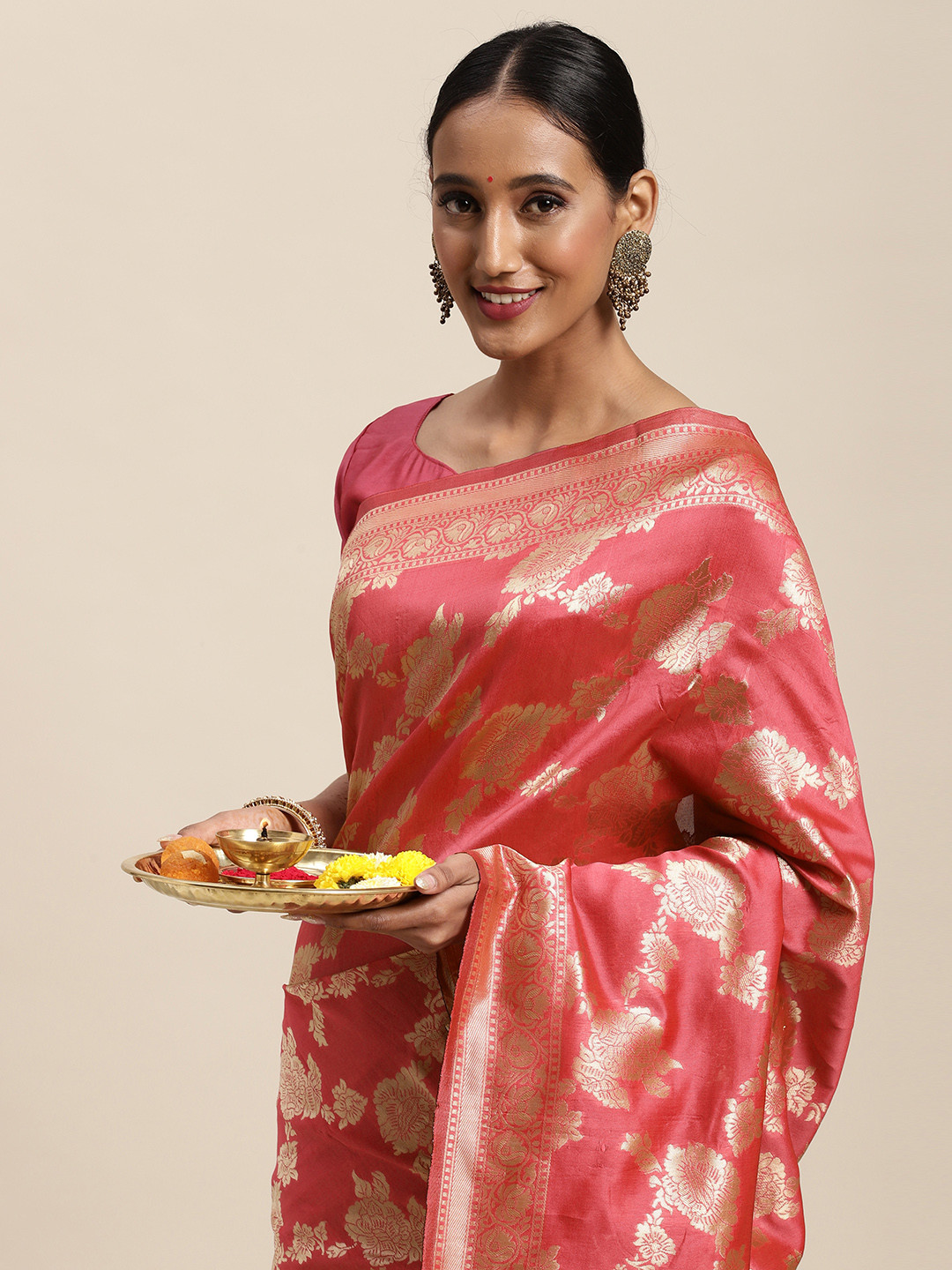 

Saree mall Pink Ethnic Motifs Silk Blend Banarasi Sarees