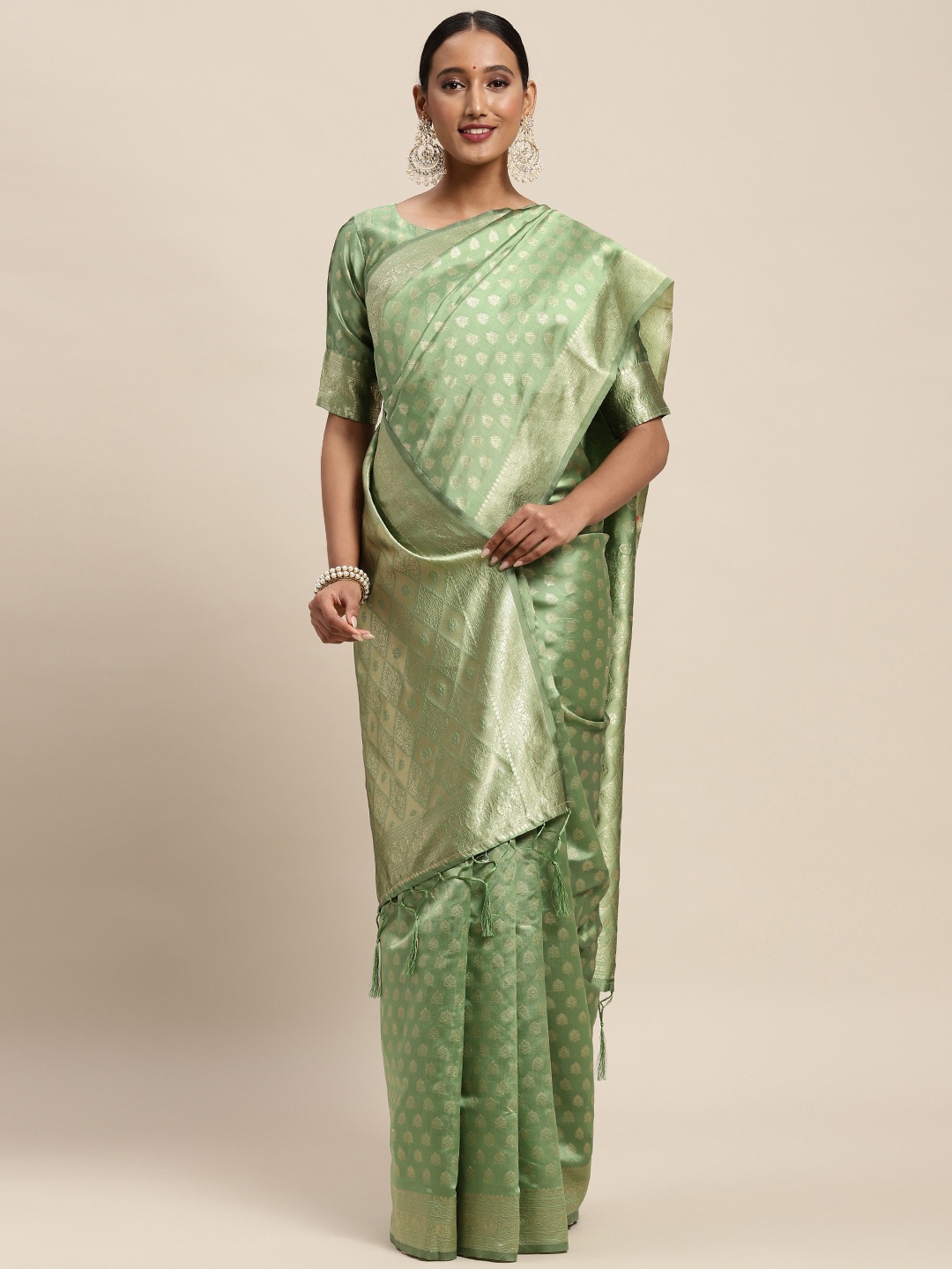 

Saree mall Olive Green Ethnic Motifs Silk Blend Banarasi Sarees