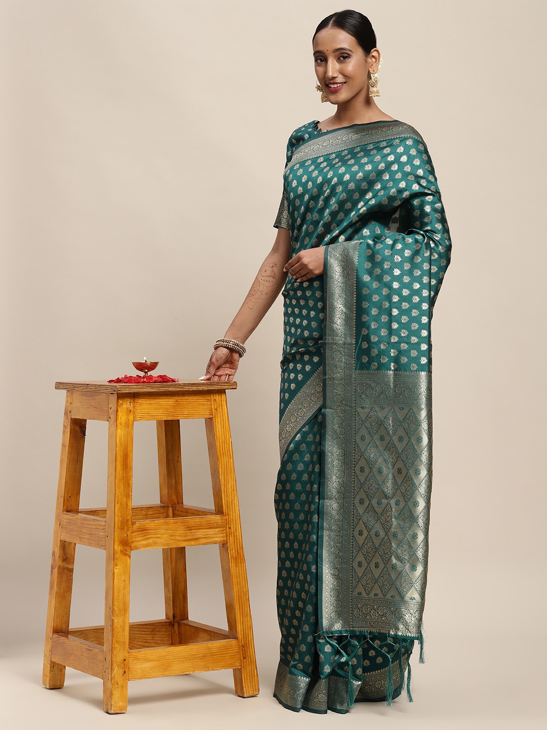 

Saree mall Teal Blue Ethnic Motifs Silk Blend Banarasi Saree