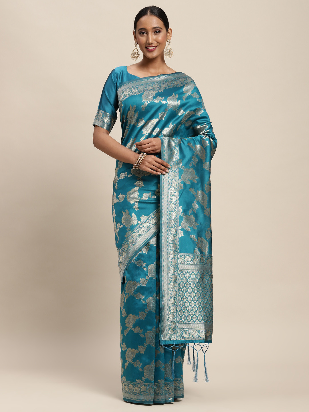 

Saree mall Blue Floral Silk Blend Banarasi Saree
