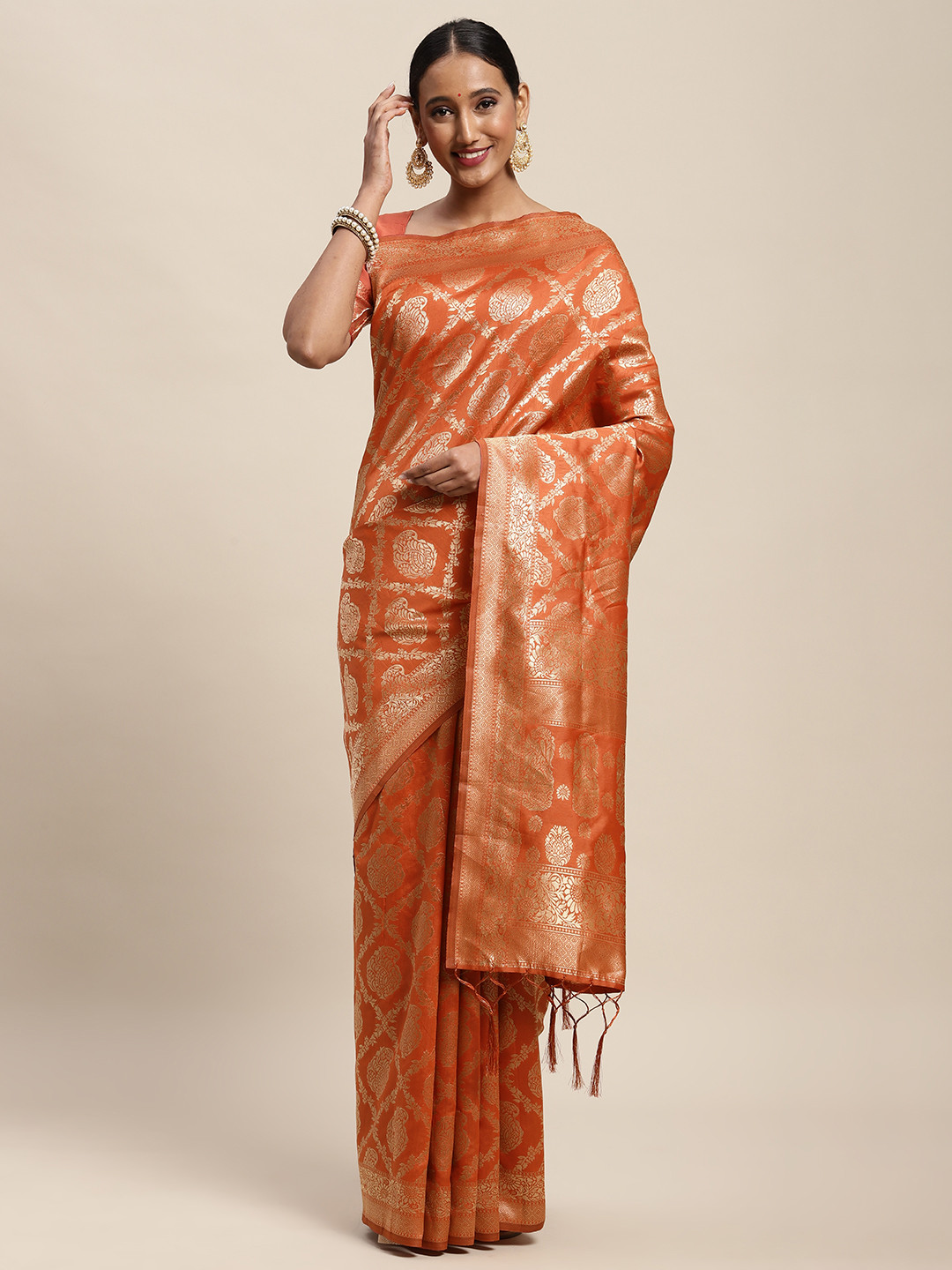 

Saree mall Orange Ethnic Motifs Silk Blend Banarasi Sarees