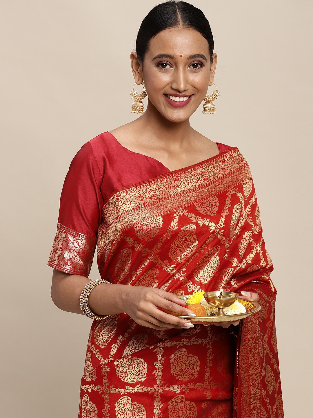 

Saree mall Red Ethnic Motifs Silk Blend Banarasi Saree