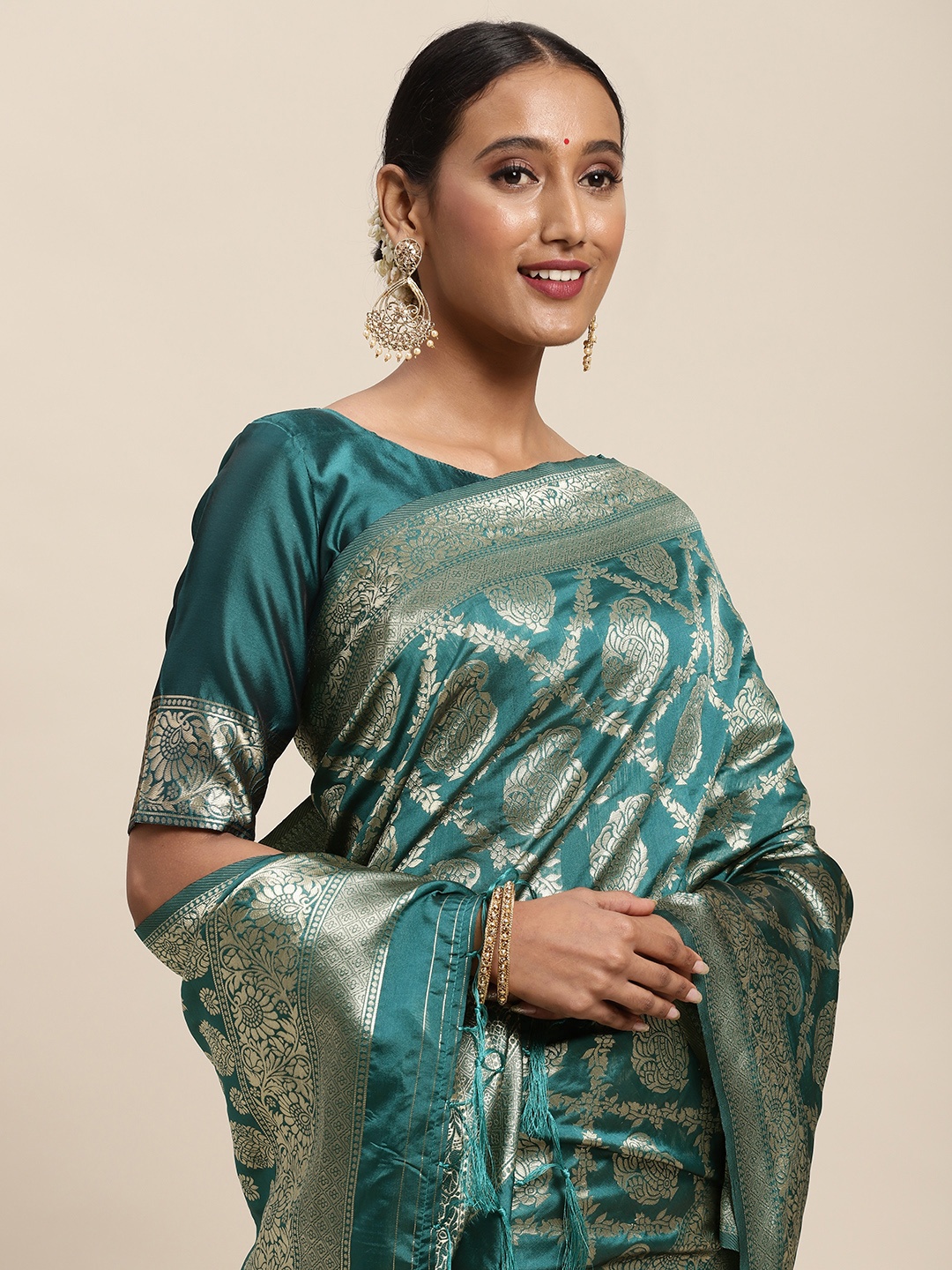 

Saree mall Teal Blue Ethnic Motifs Silk Blend Banarasi Sarees