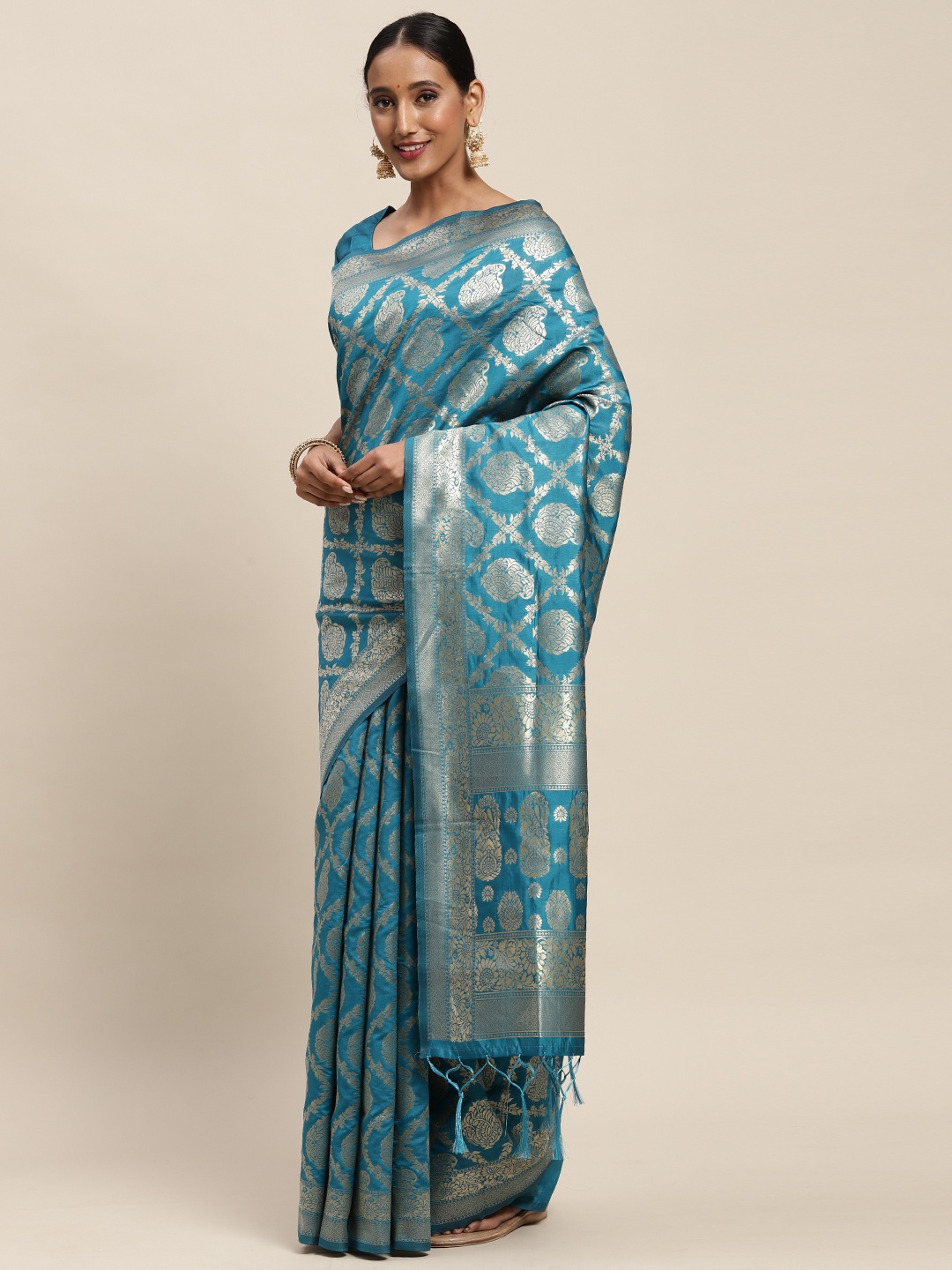 

Saree mall Blue Ethnic Motifs Silk Blend Banarasi Sarees