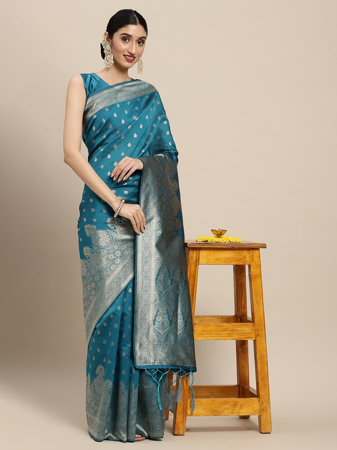 

Saree mall Blue Ethnic Motifs Silk Blend Banarasi Saree