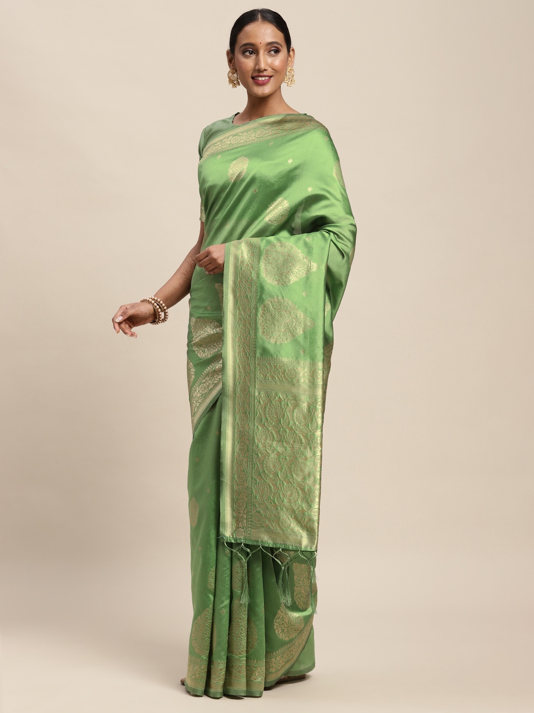 

Saree mall Sea Green Ethnic Motifs Silk Blend Banarasi Sarees
