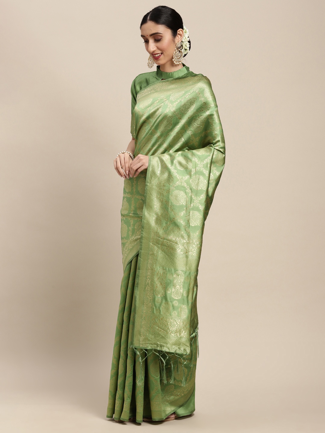 

Saree mall Olive Green Floral Silk Blend Banarasi Saree