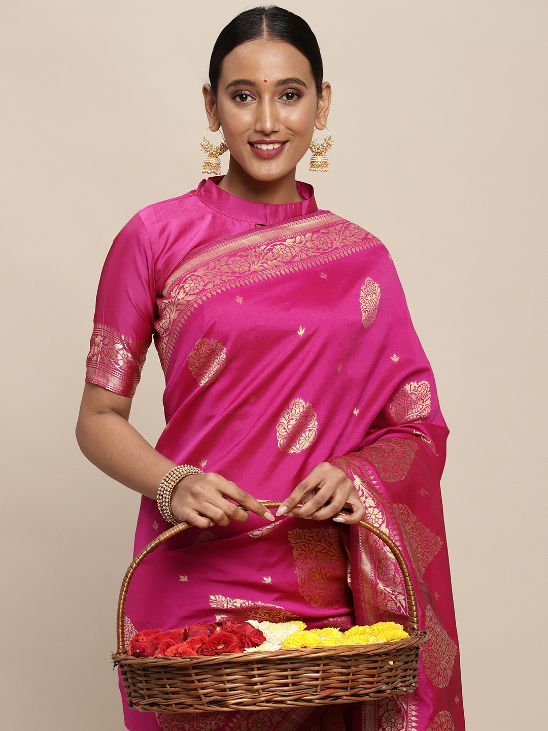 

Saree mall Pink Ethnic Motifs Silk Blend Banarasi Saree