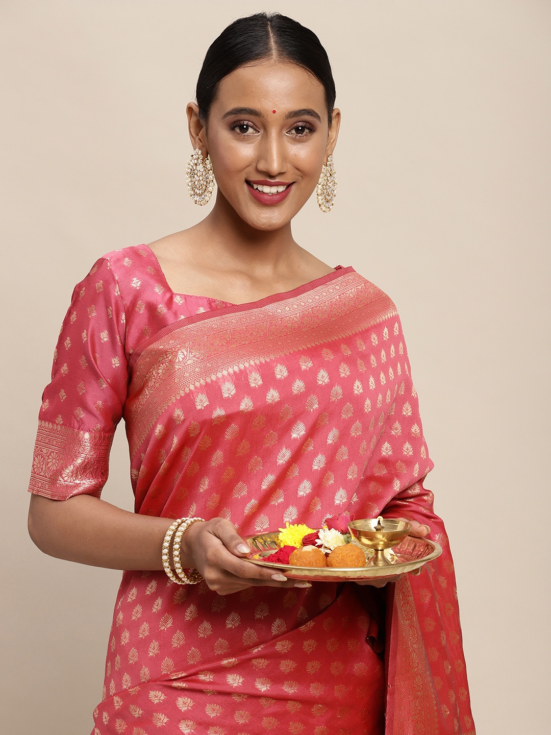 

Saree mall Pink Ethnic Motifs Silk Blend Banarasi Saree