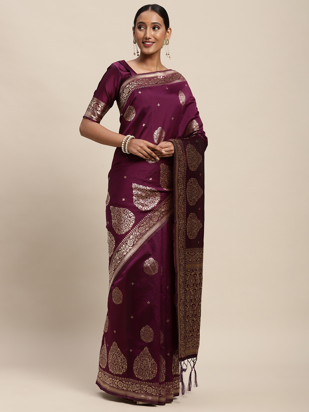 

Saree mall Purple Ethnic Motifs Silk Blend Banarasi Sarees
