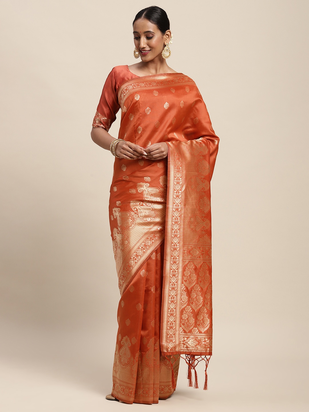 

Saree mall Orange Ethnic Motifs Silk Blend Banarasi Sarees