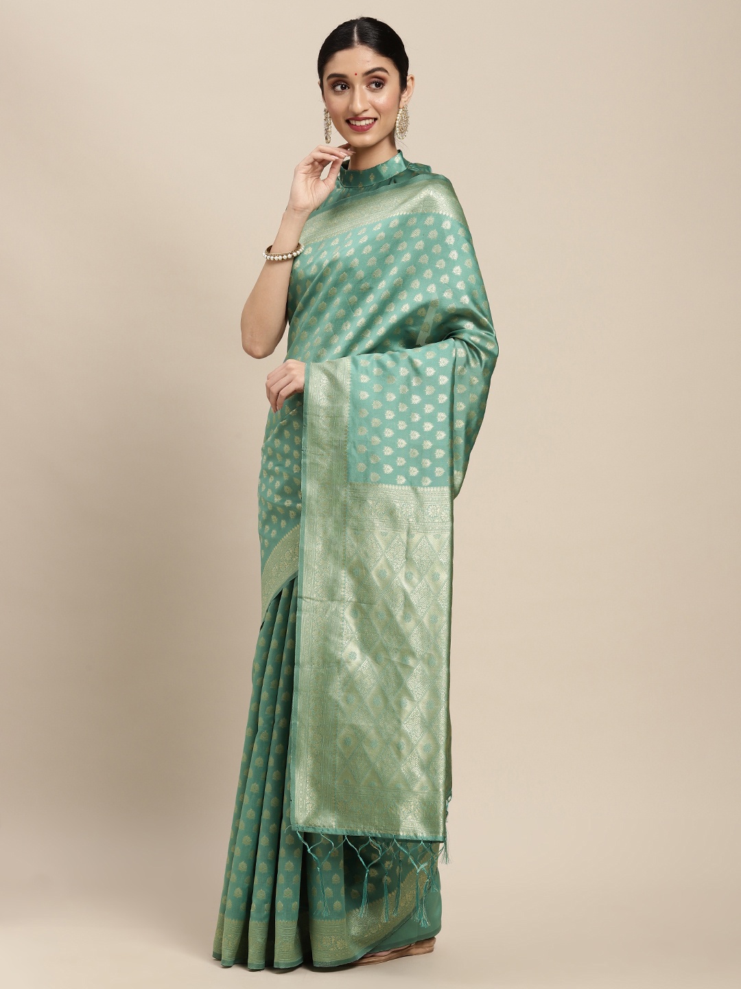 

Saree mall Sea Green Ethnic Motifs Silk Blend Banarasi Saree