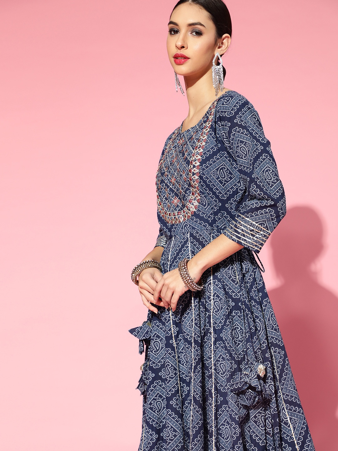 

Ishin Women Blue Bandhani Printed Indigo Anarkali Kurta