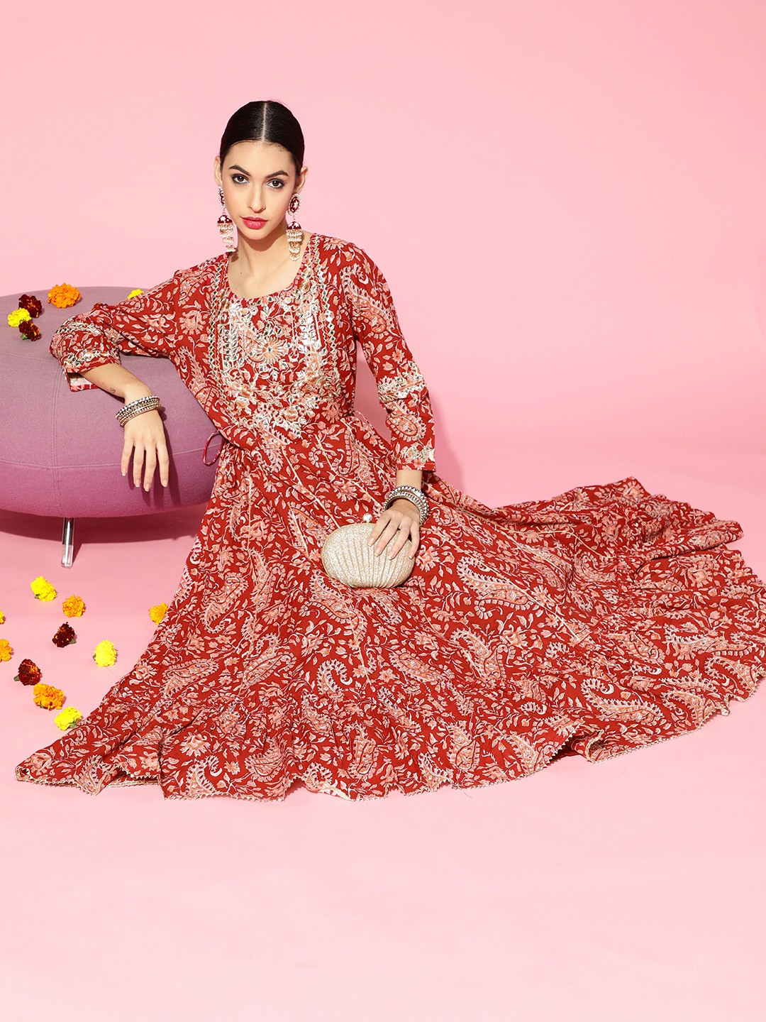 

Ishin Women Red Paisley Printed Floral Anarkali Kurta