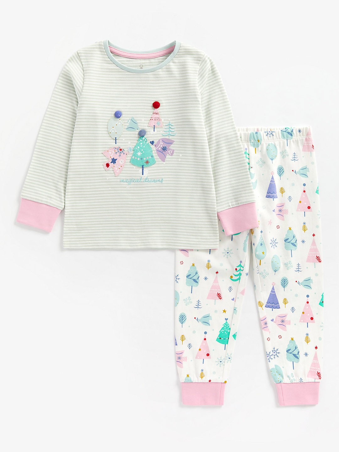 

mothercare Infant Girl Grey Pure Cotton Striped T-shirt with White Printed Pyjamas