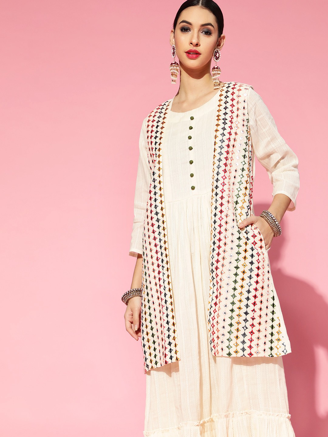 

Ishin Women Off White & Multicoloured Ethnic Motifs Embellished Mirror Work White Romance Anarkali Kurta