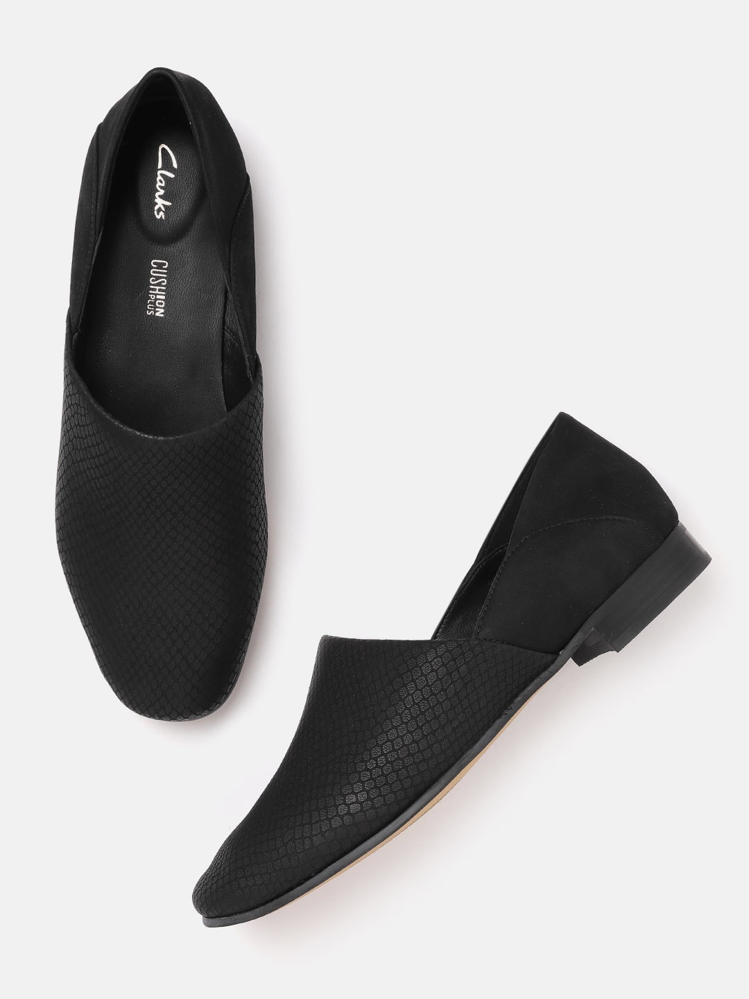

Clarks Women Black Snakeskin Texture Leather Slip-Ons