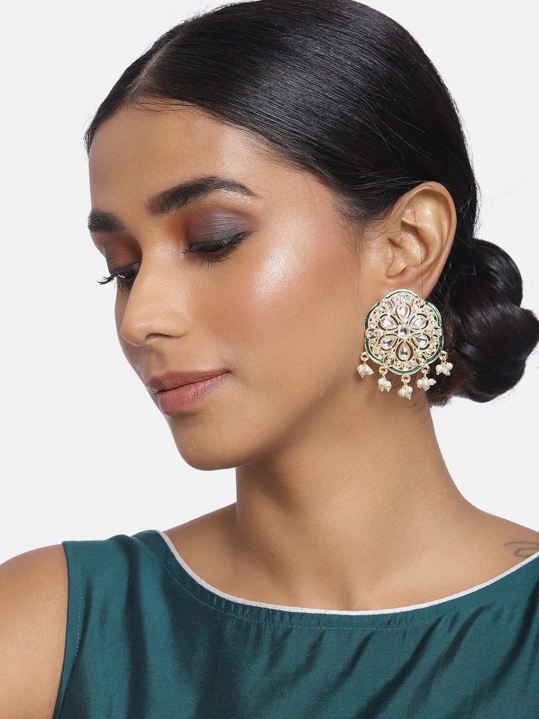 

I Jewels Green Gold-Plated Kundan Studded Enamel Floral Drop Earrings