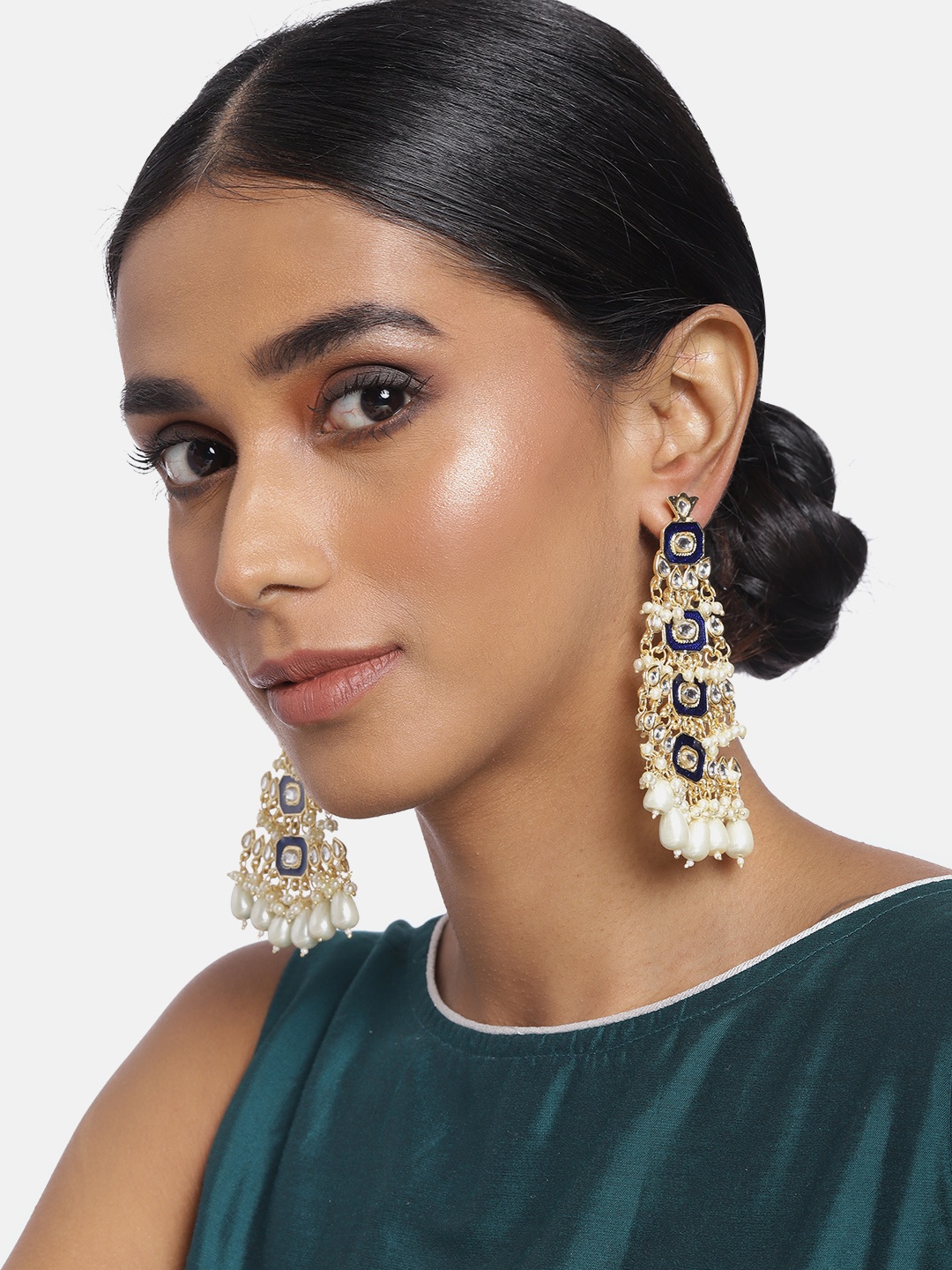 

I Jewels Blue Gold-Plated Kundan Studded Enamel Classic Drop Earrings