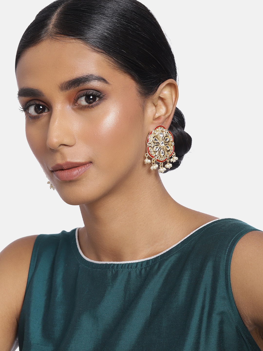 

I Jewels Red Gold-Plated Kundan Studded Enamel Floral Drop Earrings