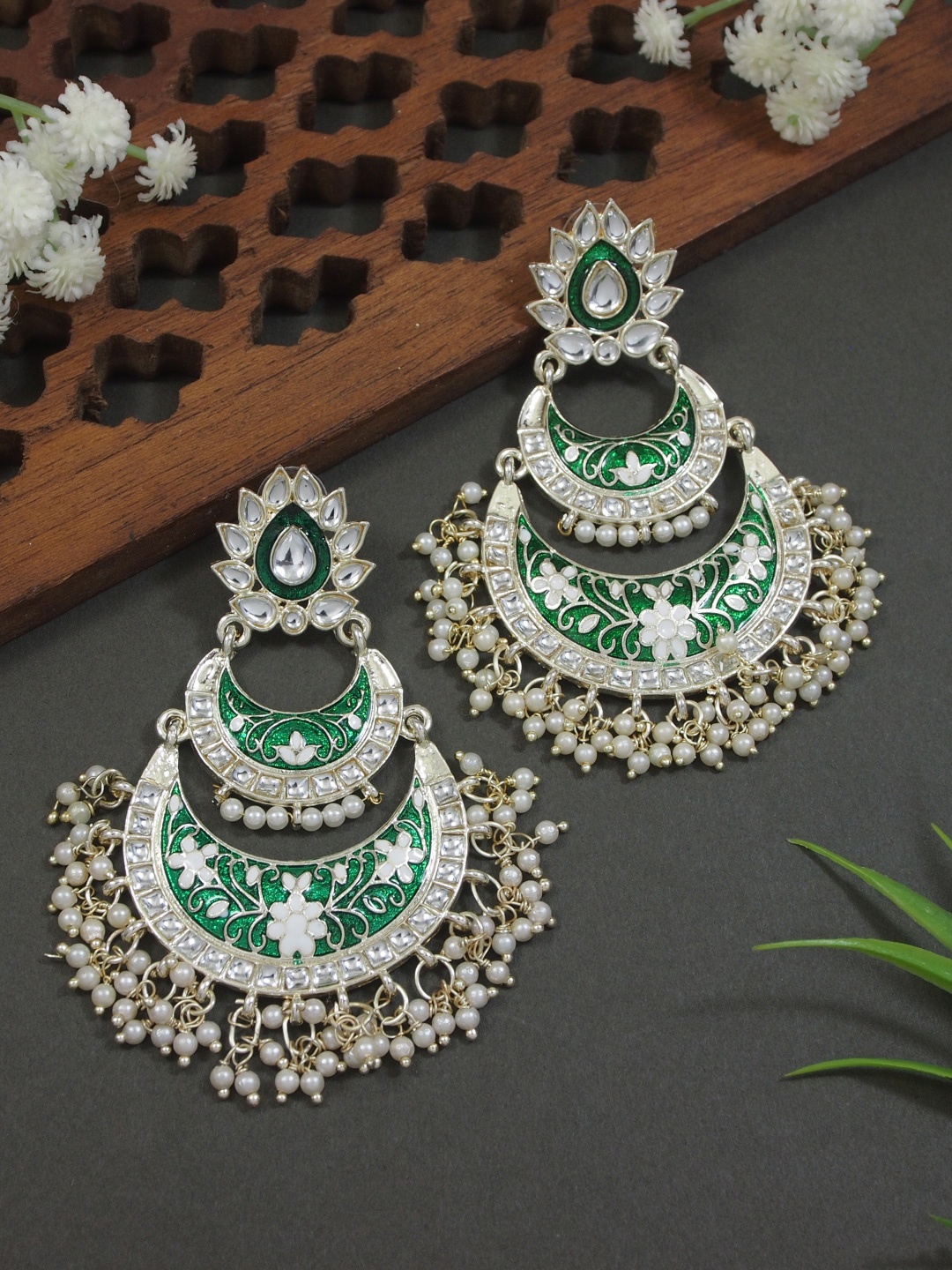 

I Jewels Green Gold-Plated Crescent Shaped Chandbalis Earrings