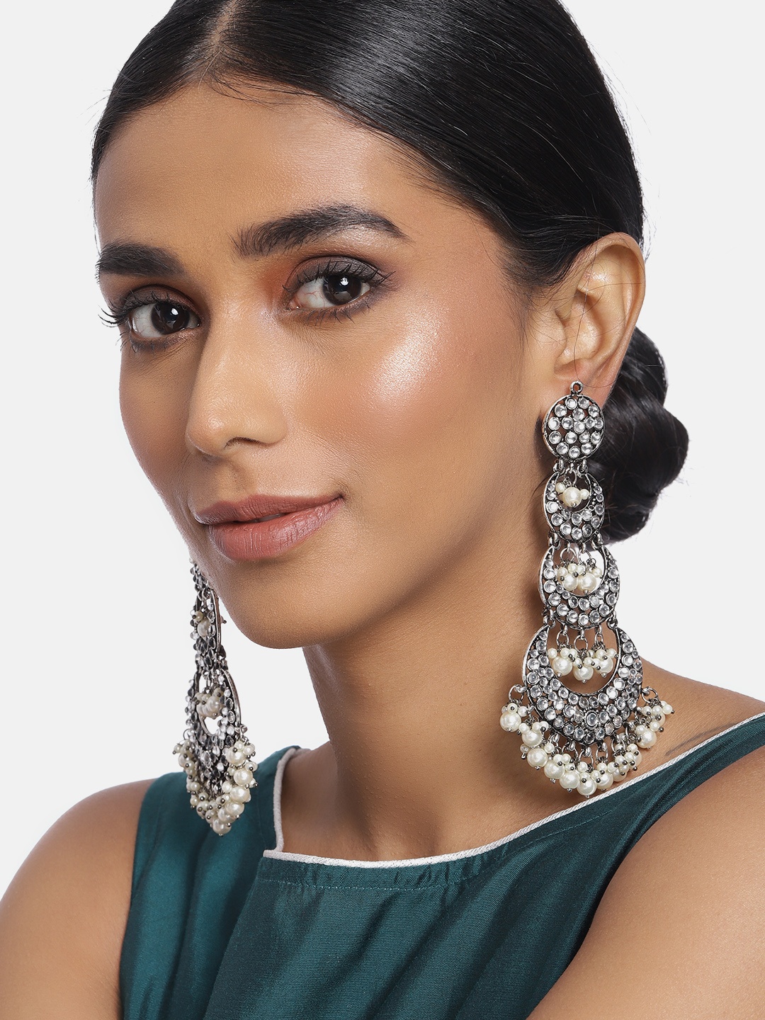 

I Jewels Oxidised Silver-Toned Rhodium-Plated Crescent Shaped Chandbalis Earrings