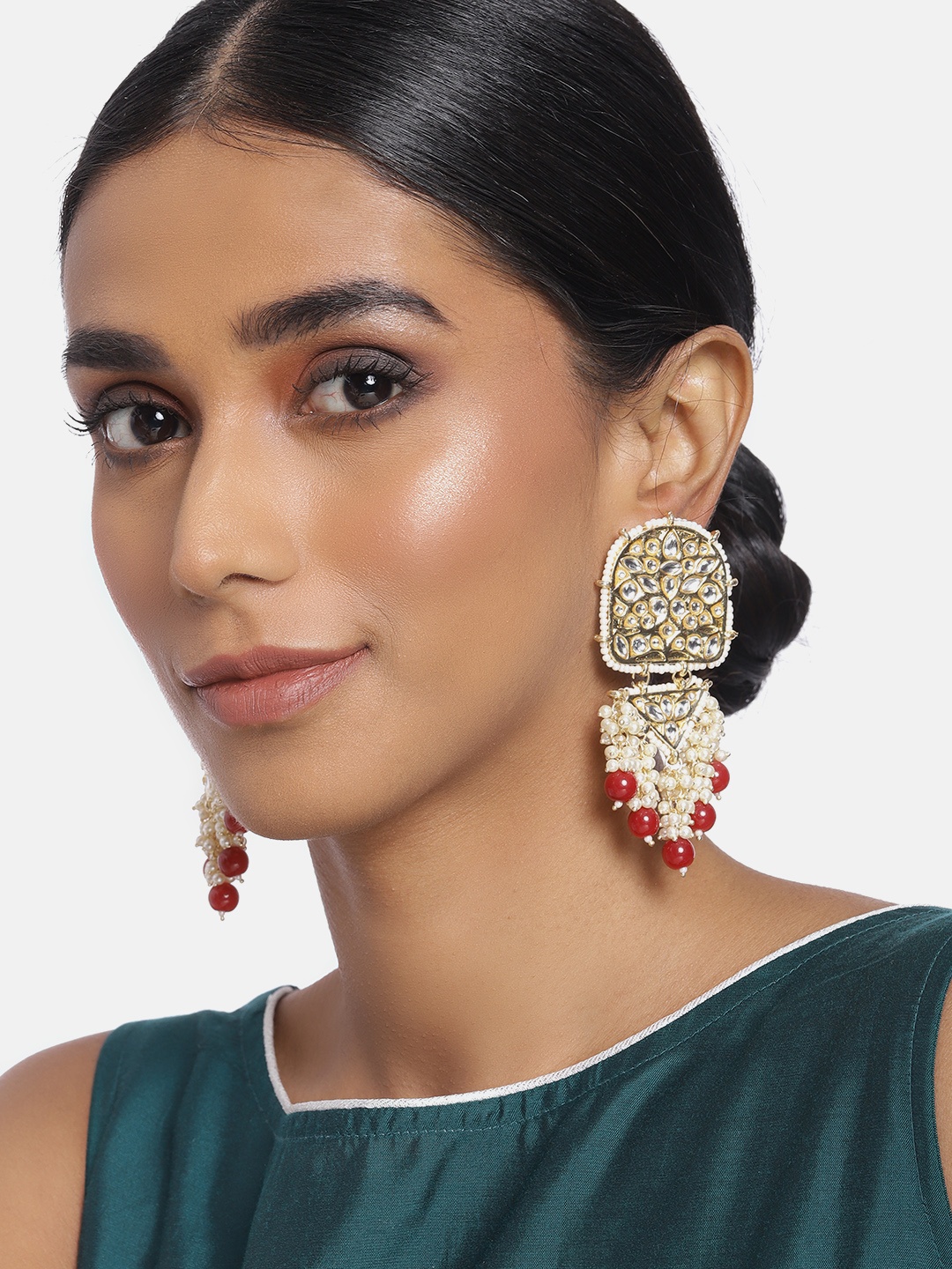 

I Jewels Red Gold-Plated Kundan Studded Pearls Classic Drop Earrings