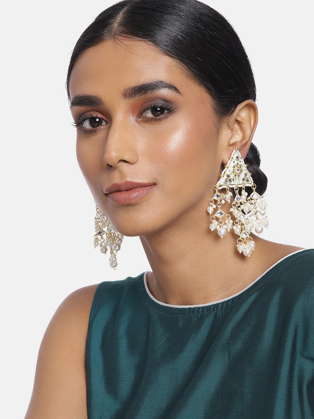 

I Jewels Sea Green & Gold-Plated Pearl Studded Drop Earrings