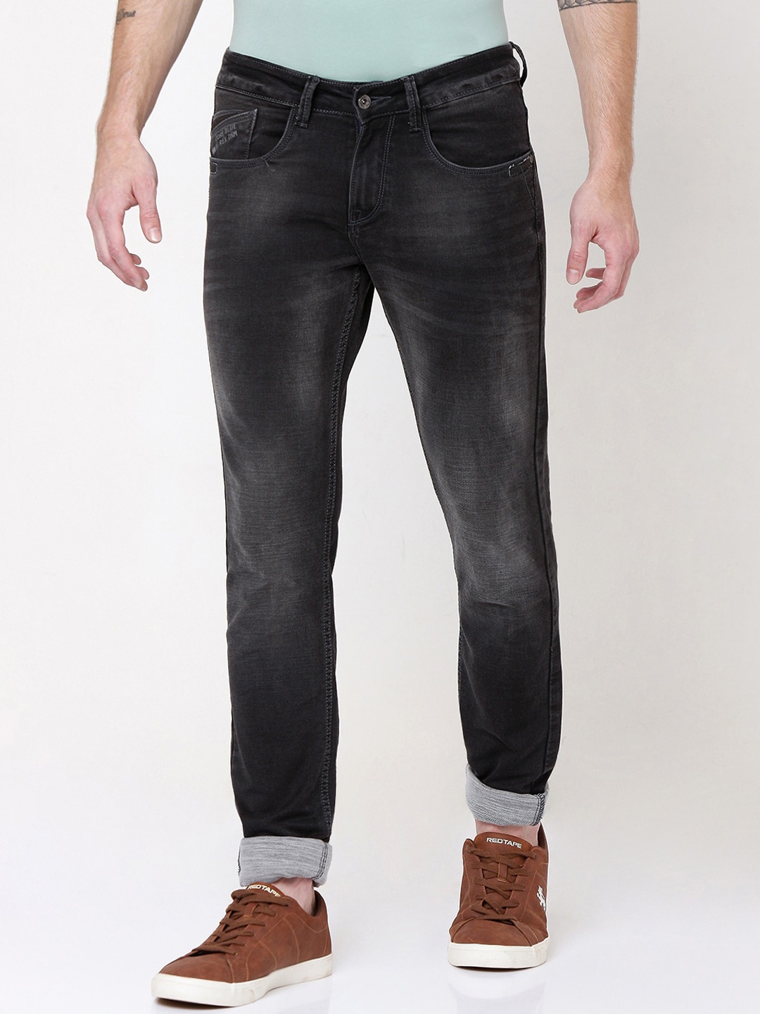 

Rex Straut Jeans Men Black Slim Fit Low Distress Heavy Fade Stretchable Jeans