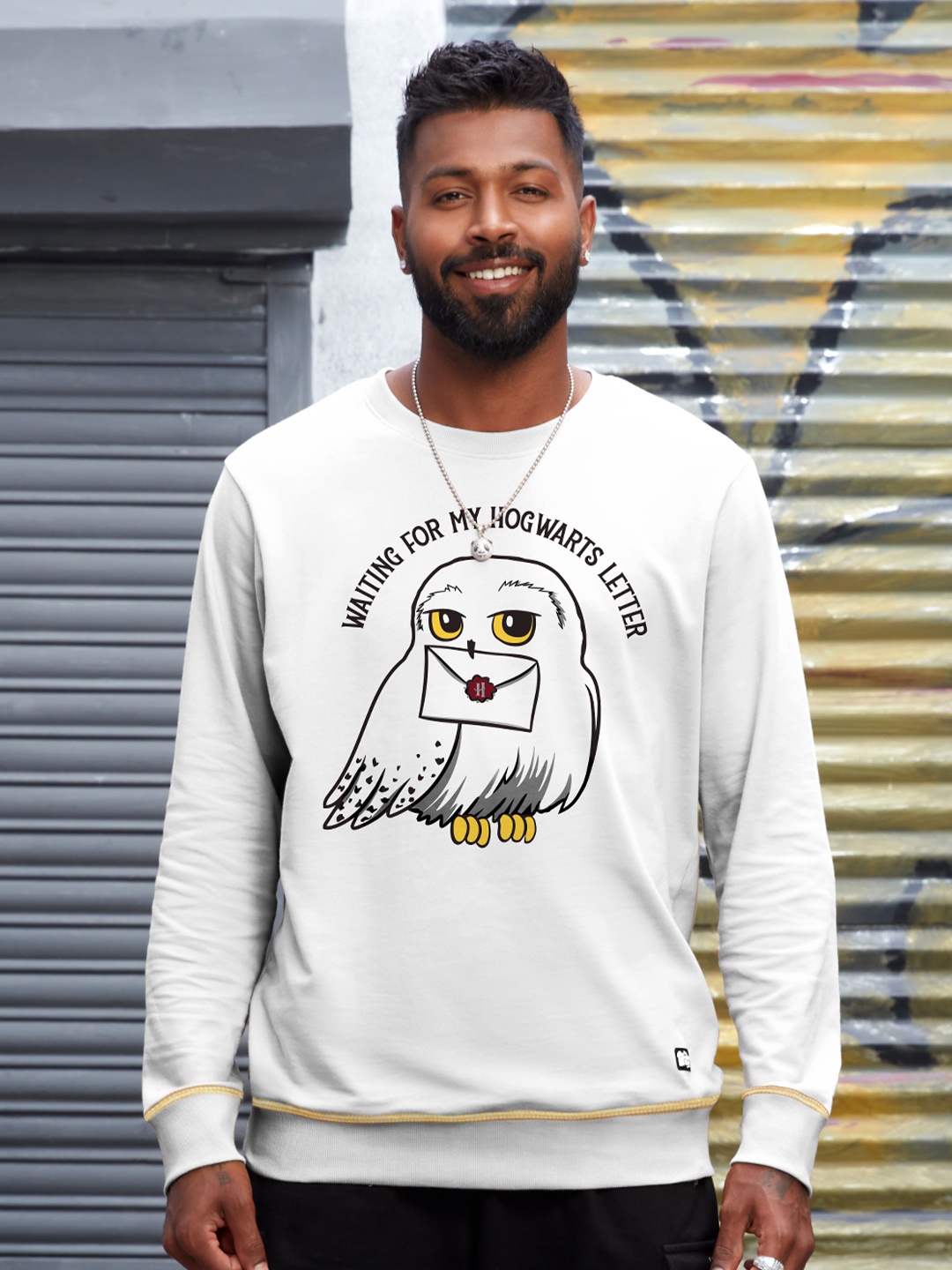

The Souled Store Men White Harry Potter Hogwarts Letter Printed Cotton Pullover Sweatshirt