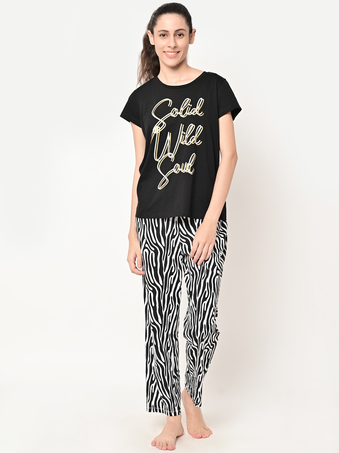 

MAYSIXTY Women Black Animal Printed Night Suit