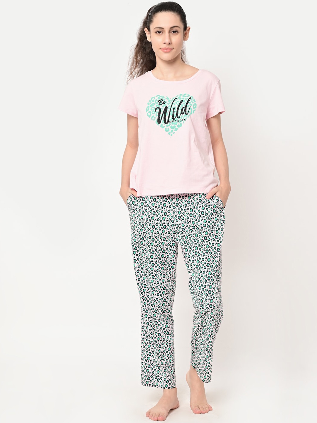 

MAYSIXTY Women Pink & Blue Printed Night suit