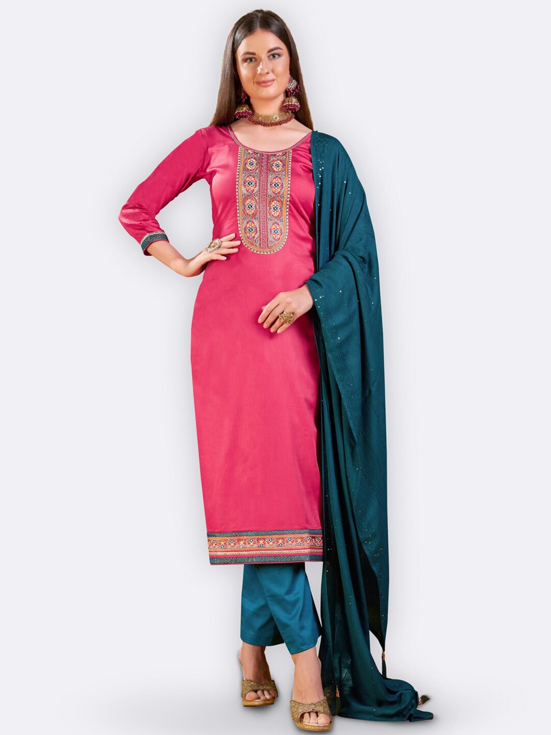 

Kvsfab Pink & Blue Embroidered Unstitched Dress Material