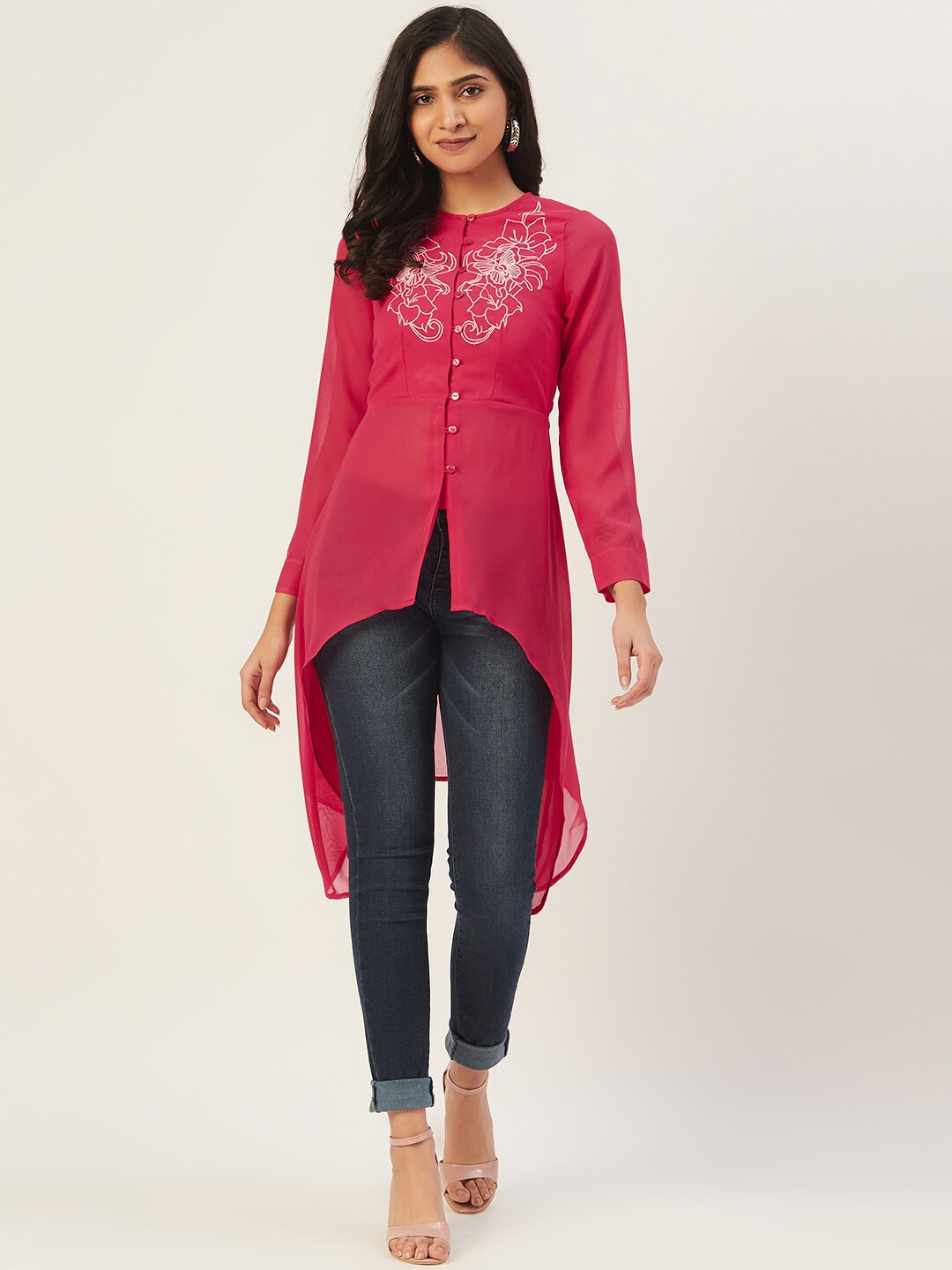 

DODO & MOA Pink & White Floral Yoke Embroidered Semi-Sheer High-Low A-line Kurti