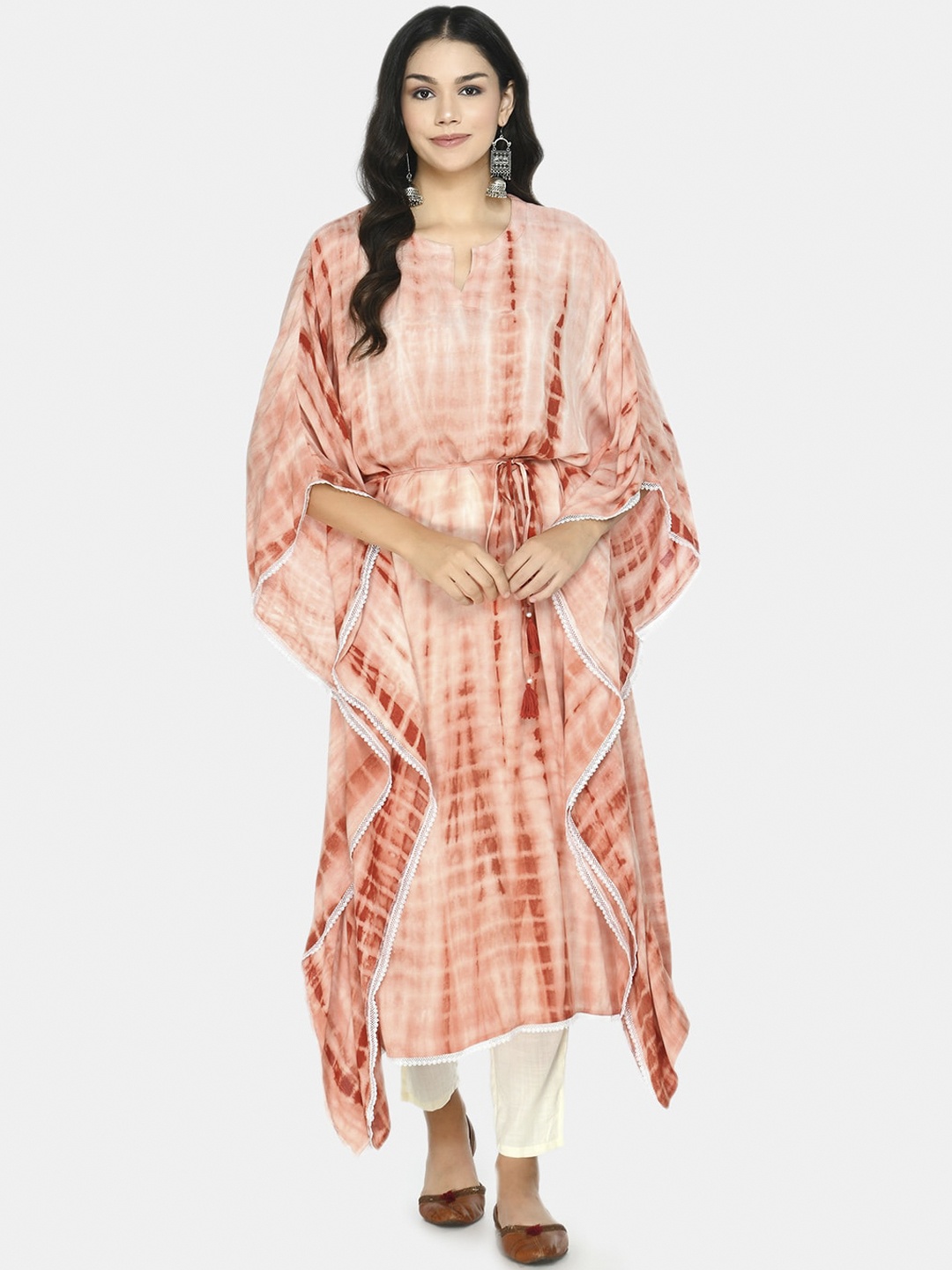 

DesiNoor com Women Peach-Coloured Tie Dye Kaftan Kurta with Trousers