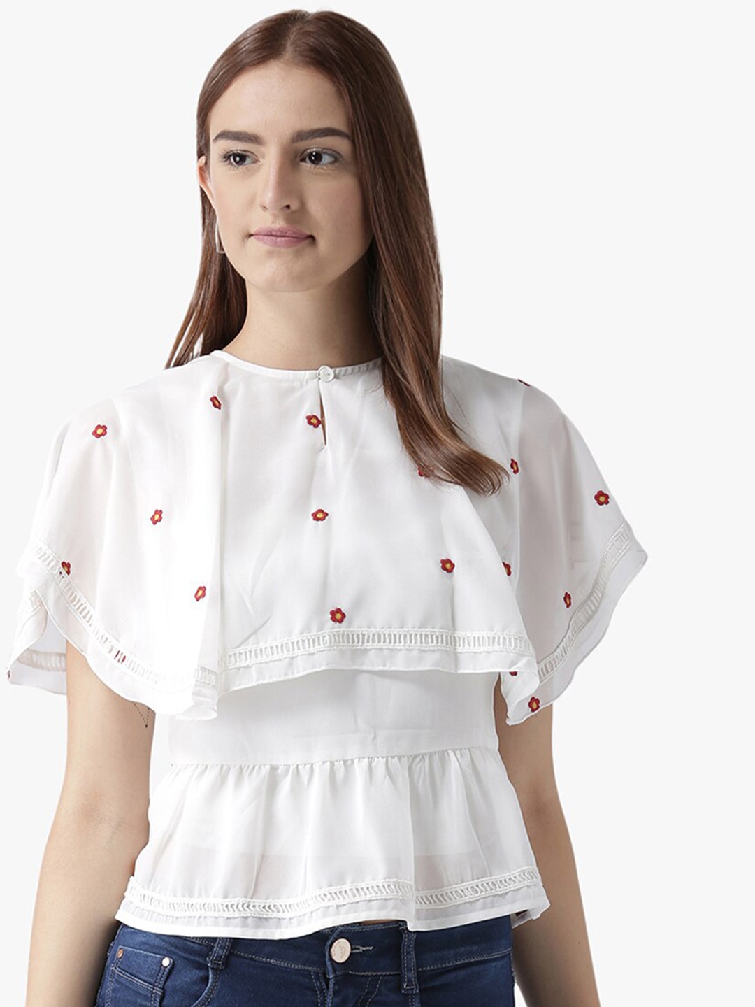 

DODO & MOA White & Red Floral Embroidered Keyhole Neck Georgette A-Line Top