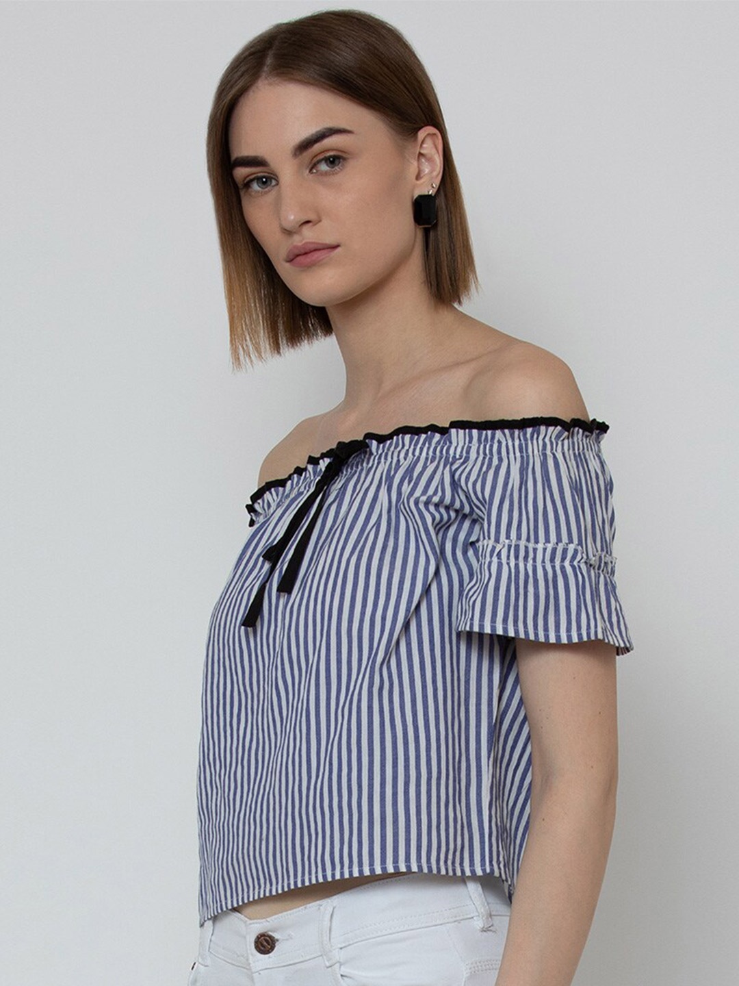 

DODO & MOA Women Blue & White Striped Off-Shoulder Bardot Crop Top