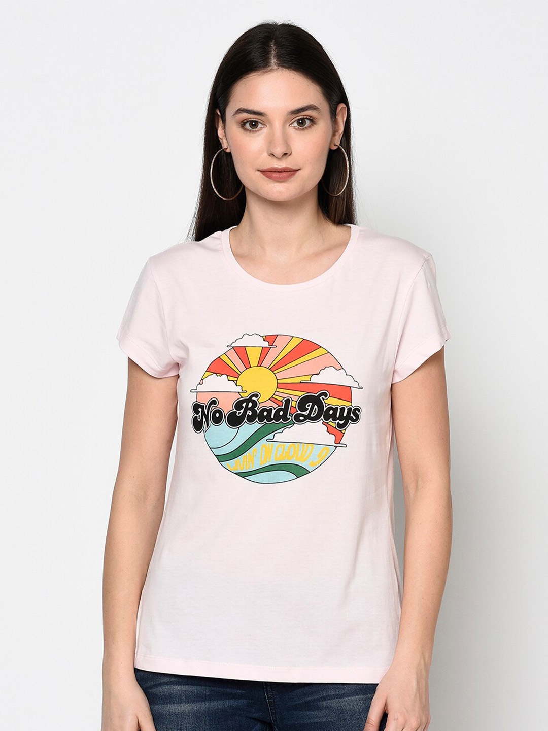 

DAiSY Women Pink & Orange Typography Printed T-shirt