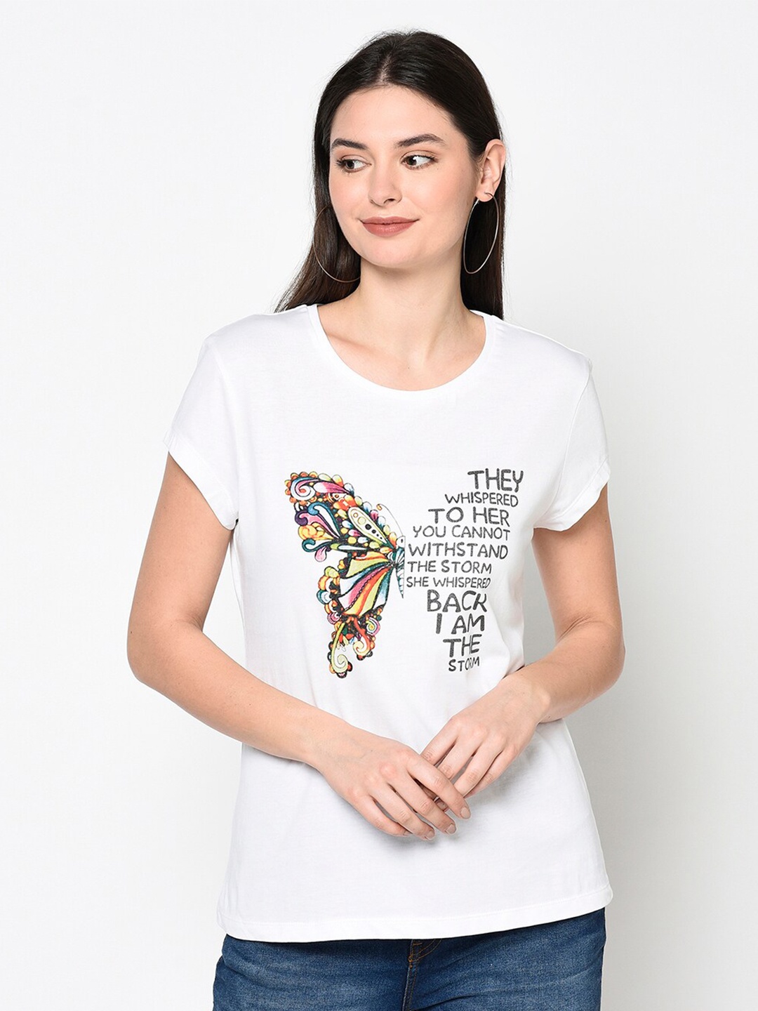

DAiSY Women White Printed Cotton T-shirt