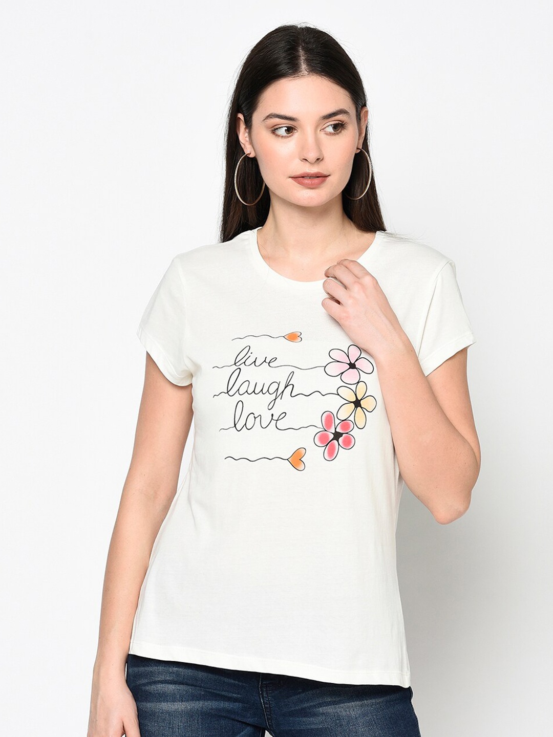 

DAiSY Women White & Pink Printed Round Neck Cotton T-shirt