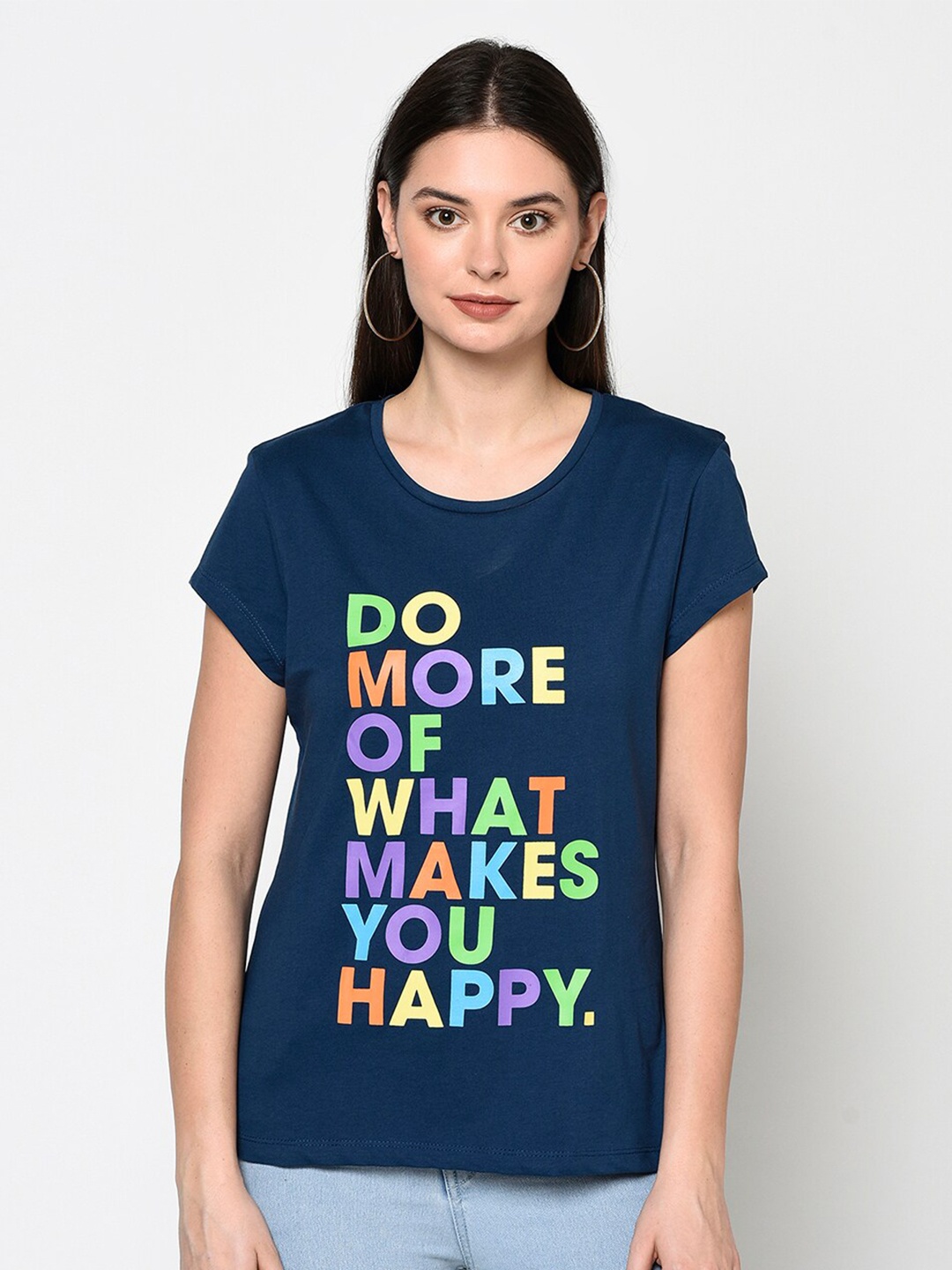 

DAiSY Women Blue Typography Printed Extended Sleeves Applique T-shirt