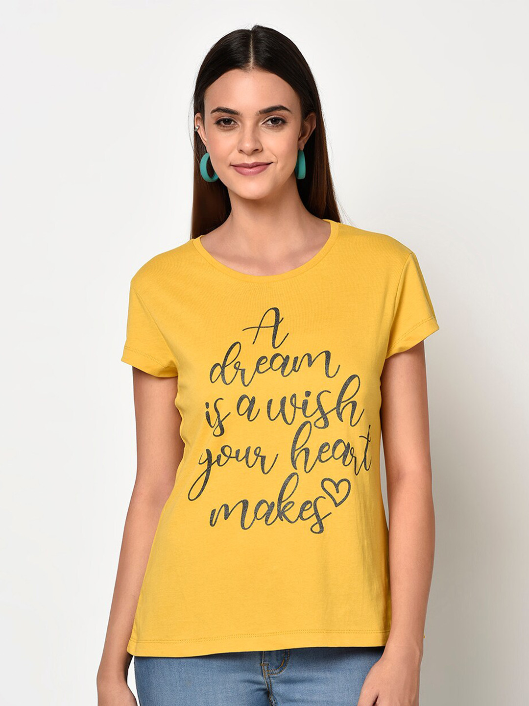 

DAiSY Women Mustard Yellow Typography Printed Cotton T-shirt