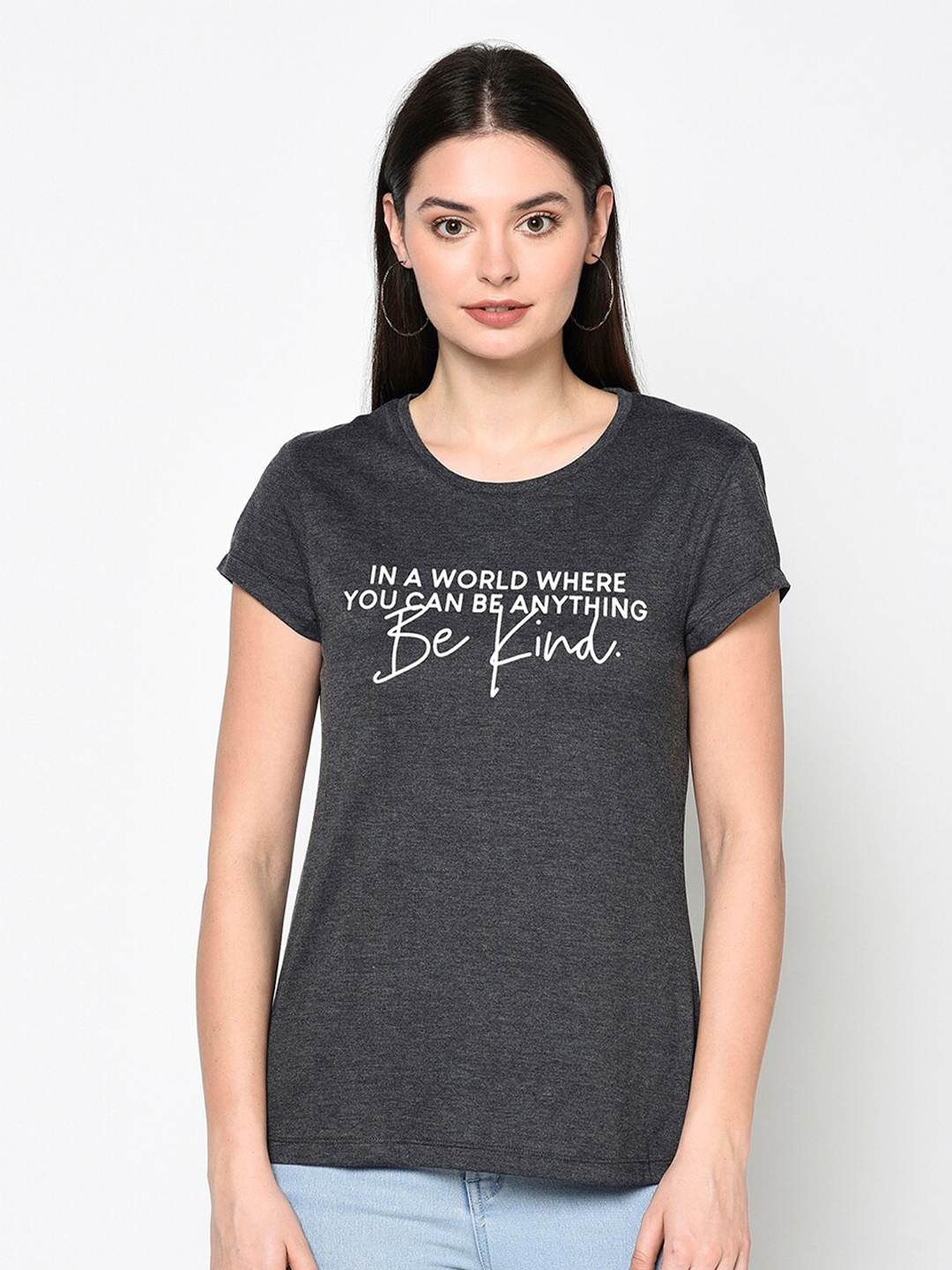

DAiSY Women Grey Typography Printed Extended Sleeves T-shirt