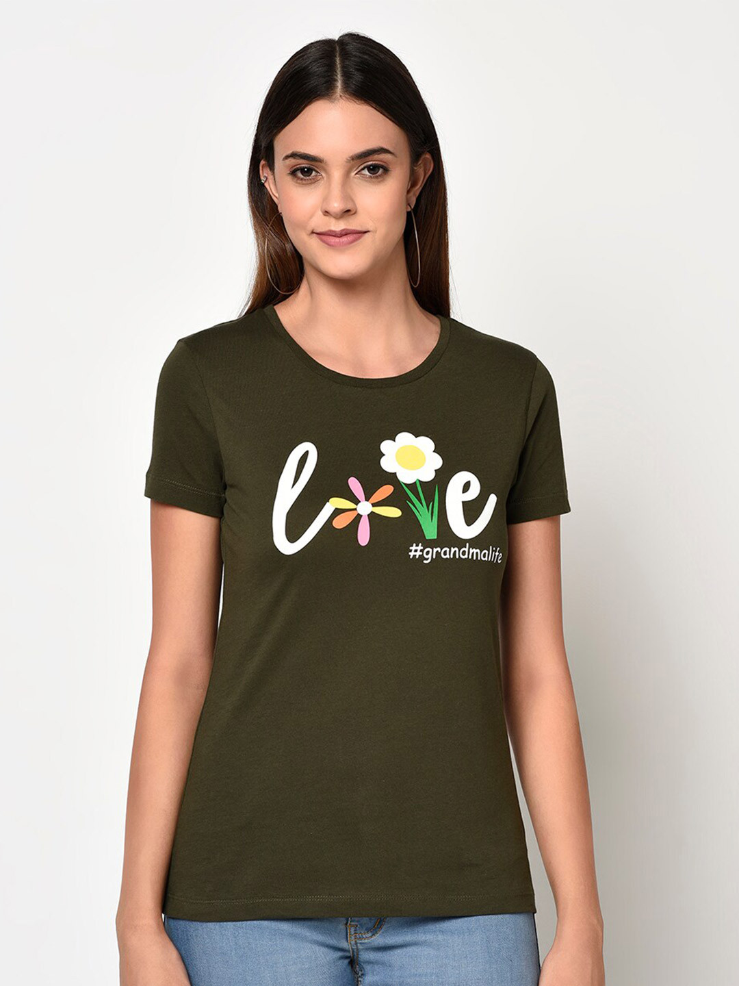 

DAiSY Women Olive Green & White Typography Printed T-shirt