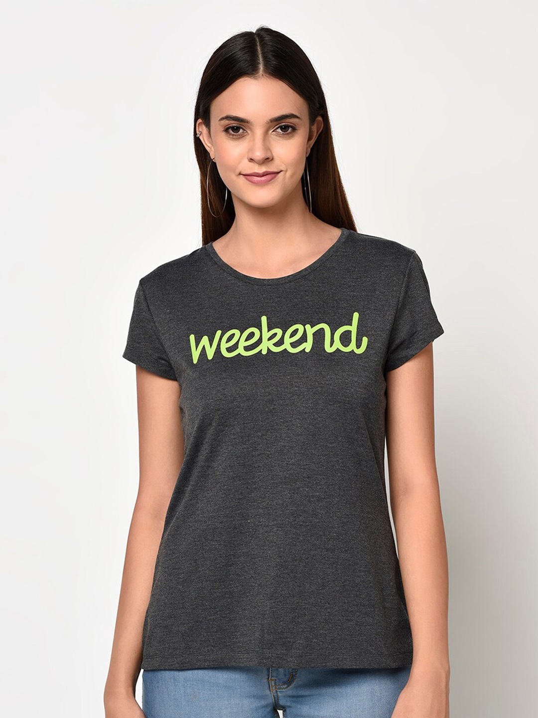 

DAiSY Women Grey & Fluorescent Green Printed Round NeckT-shirt
