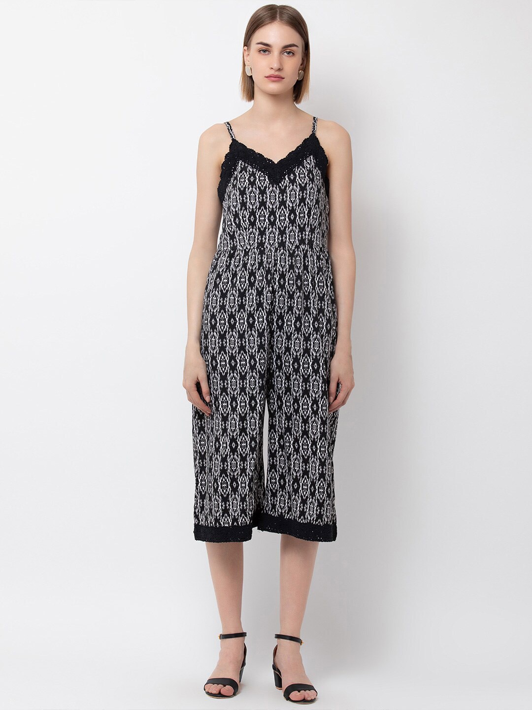 

DODO & MOA Black & White Printed Capri Jumpsuit with Lace Inserts