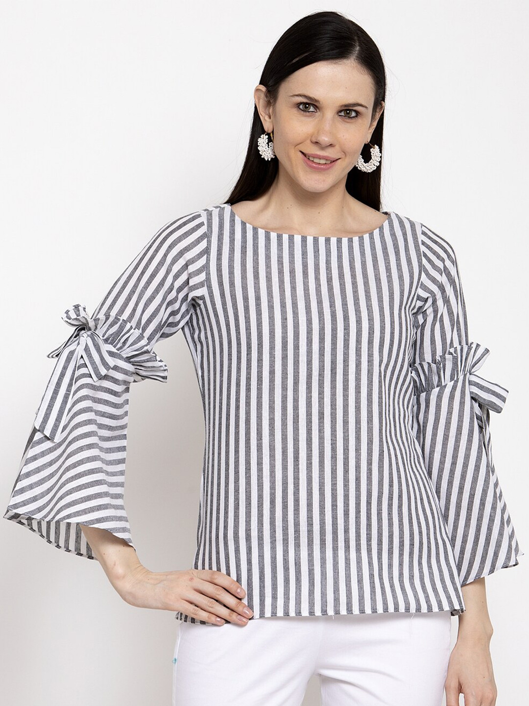 

DUGRI BE THE ONE Black & White Striped Regular Top