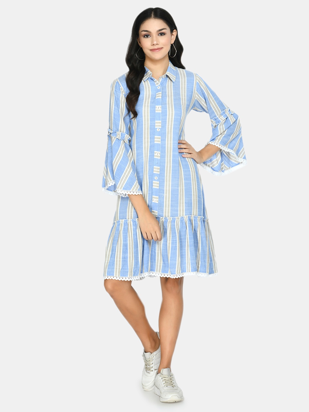 

DesiNoor com Blue & Grey Striped Shirt Dress