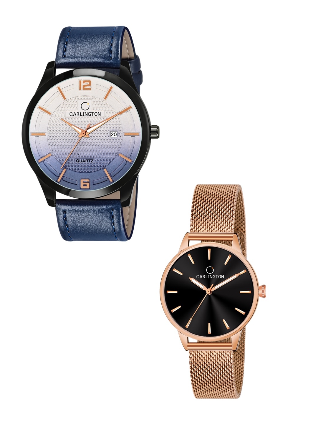 

CARLINGTON Leather Analogue His and Her Watches Combo CT1010 Blue - CT2007 RoseBlack